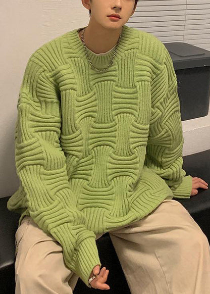 Loose Green O Neck Thick Knit Sweaters Winter