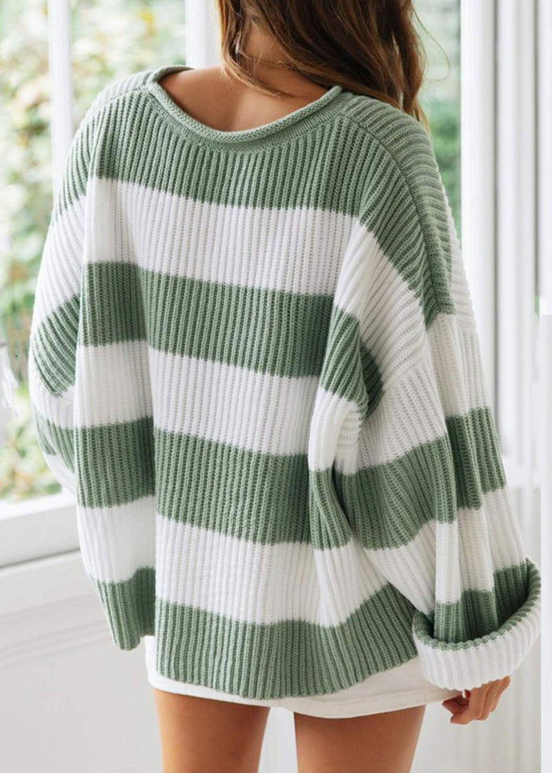Loose Green O-neck Striped Patchwork Cotton Knit Sweater Tops Fall