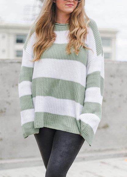 Loose Green O-neck Striped Patchwork Cotton Knit Sweater Tops Fall