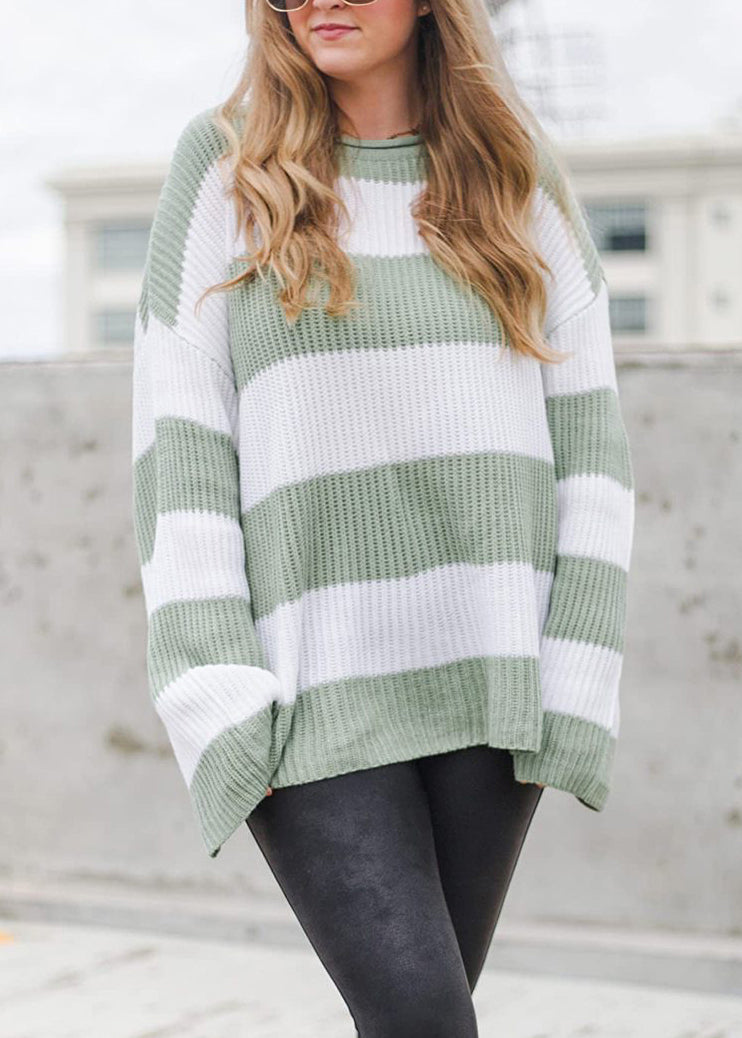 Loose Green O-neck Striped Patchwork Cotton Knit Sweater Tops Fall