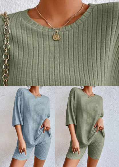Loose Green O-neck T Shirts and Shorts Two Piece Set Summer