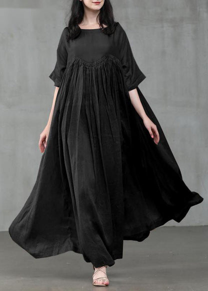 Loose Green Patchwork Wrinkled Cotton Blend Maxi Dress Short Sleeve
