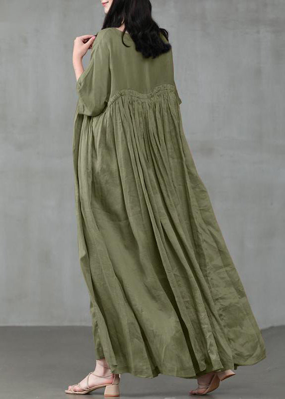 Loose Green Patchwork Wrinkled Cotton Blend Maxi Dress Short Sleeve