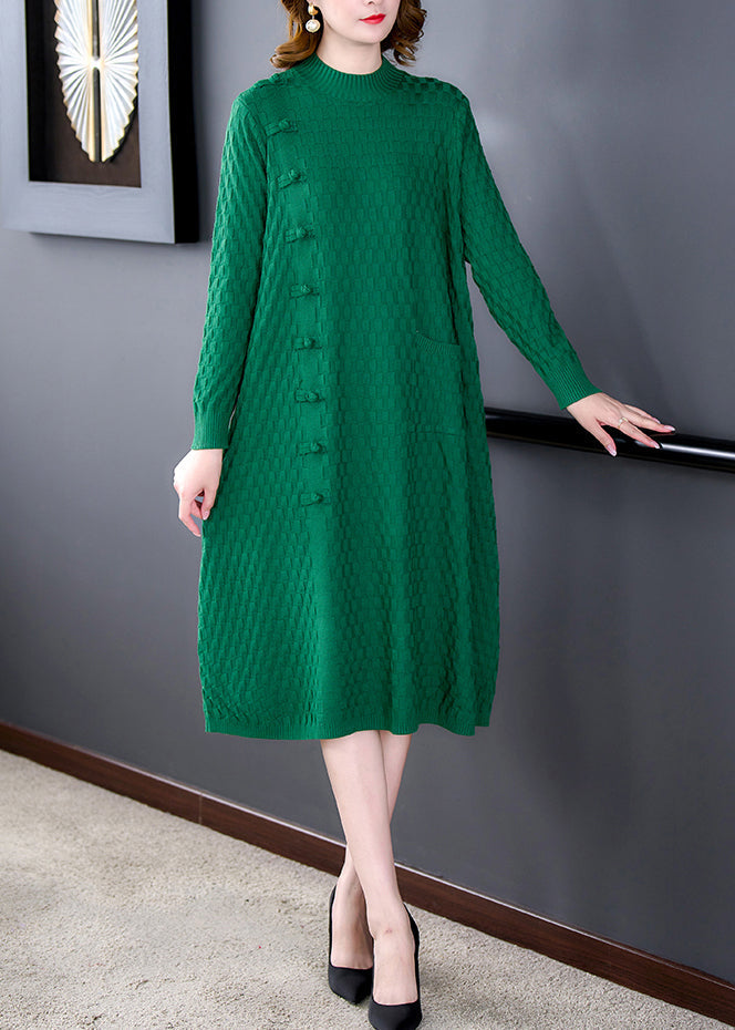 Loose Green Pockets Woolen Sweater Dress Winter