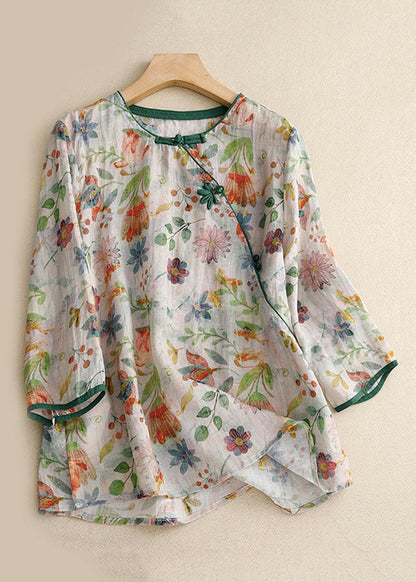 Loose Green Print Button Linen Blouse Bracelet Sleeve