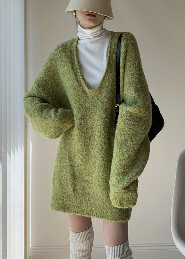 Loose Green Sweaters and Turtleneck Tank Knit Two Piece Set Spring