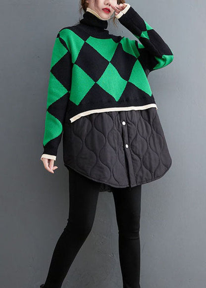 Loose Green Turtle Neck Patchwork Knit Top Winter