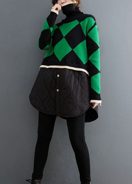 Loose Green Turtle Neck Patchwork Knit Top Winter