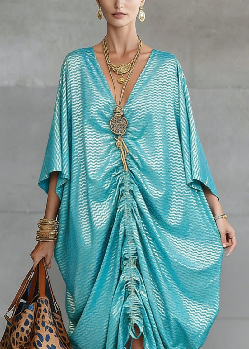 Loose Green V Neck Asymmetrical Design Drawstring Dresses Summer