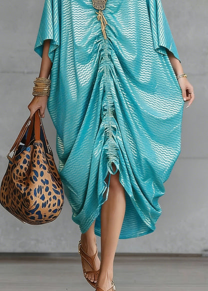 Loose Green V Neck Asymmetrical Design Drawstring Dresses Summer