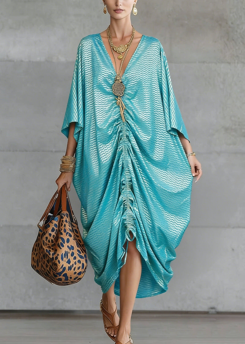 Loose Green V Neck Asymmetrical Design Drawstring Dresses Summer