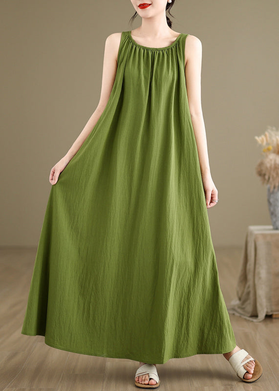 Loose Green Wrinkled Cotton Maxi Dresses Sleeveless