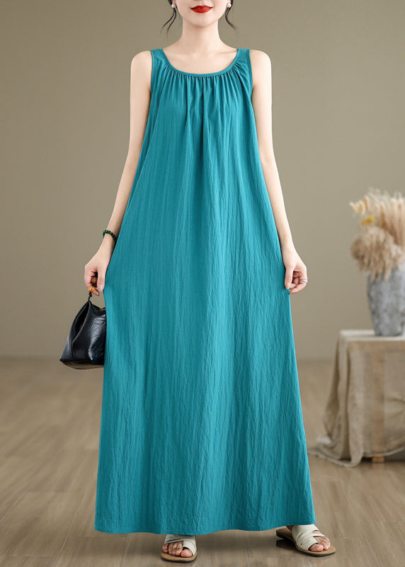 Loose Green Wrinkled Cotton Maxi Dresses Sleeveless