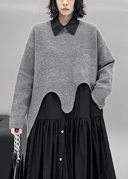 Loose Grey Asymmetrical Cozy Knit Sweater Tops Spring