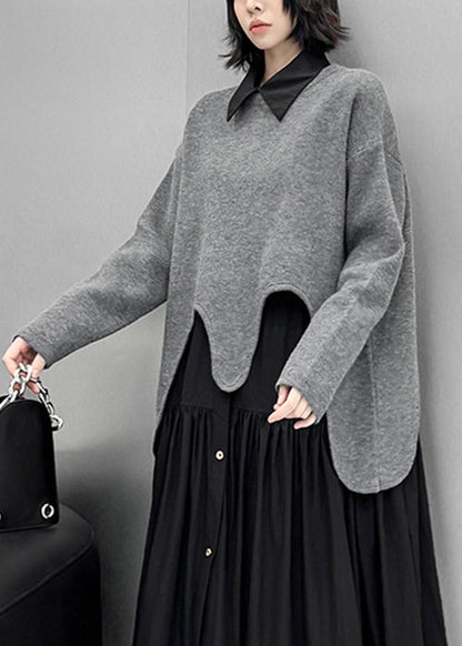 Loose Grey Asymmetrical Cozy Knit Sweater Tops Spring