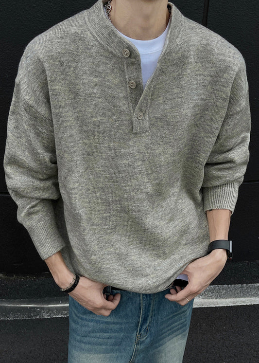 Loose Grey Button Knit Sweaters Spring