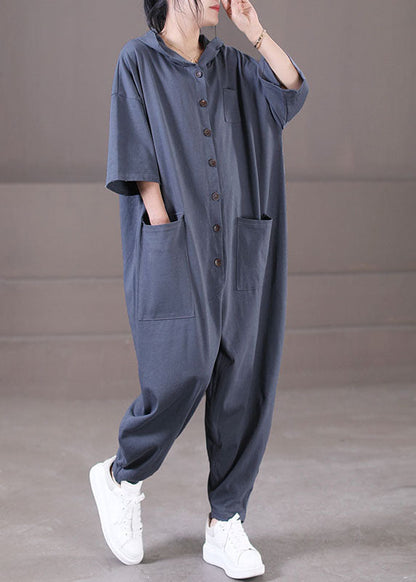 Loose Grey Hooded Pockets Color Button Cotton Jumpsuit Short Sleeve