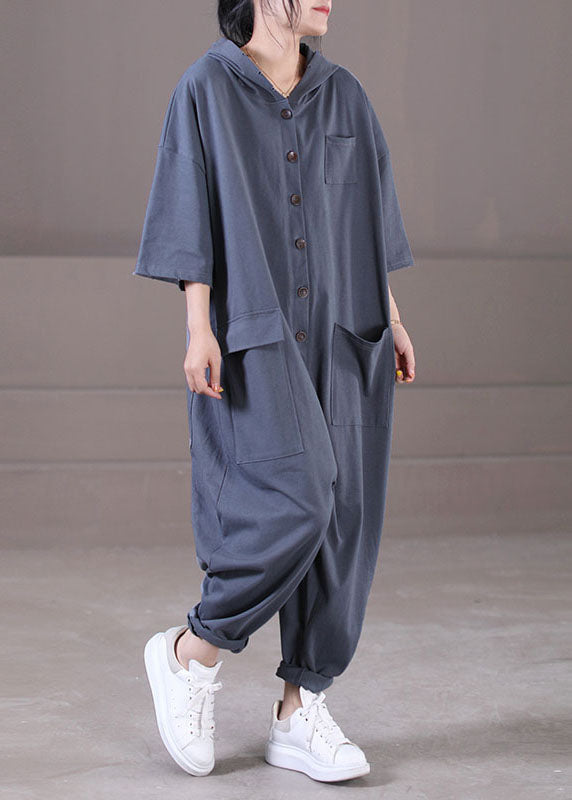Loose Grey Hooded Pockets Color Button Cotton Jumpsuit Short Sleeve