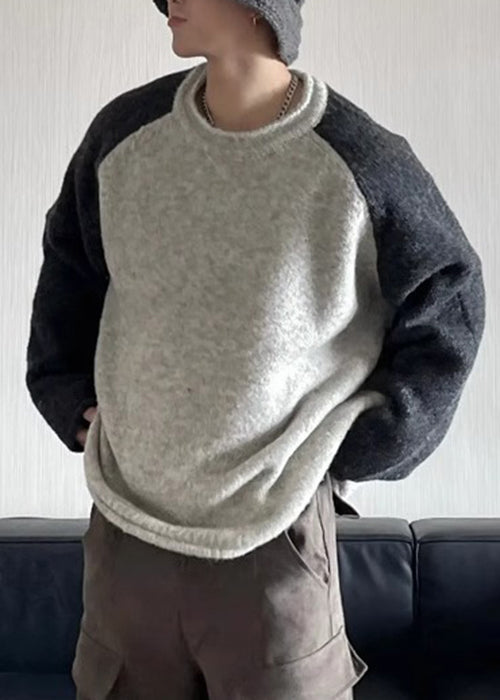 Loose Grey O Neck Patchwork Knit Sweaters Spring