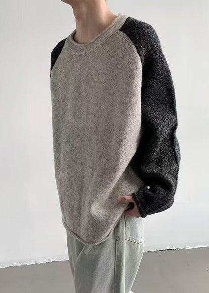 Loose Grey O Neck Patchwork Knit Sweaters Spring