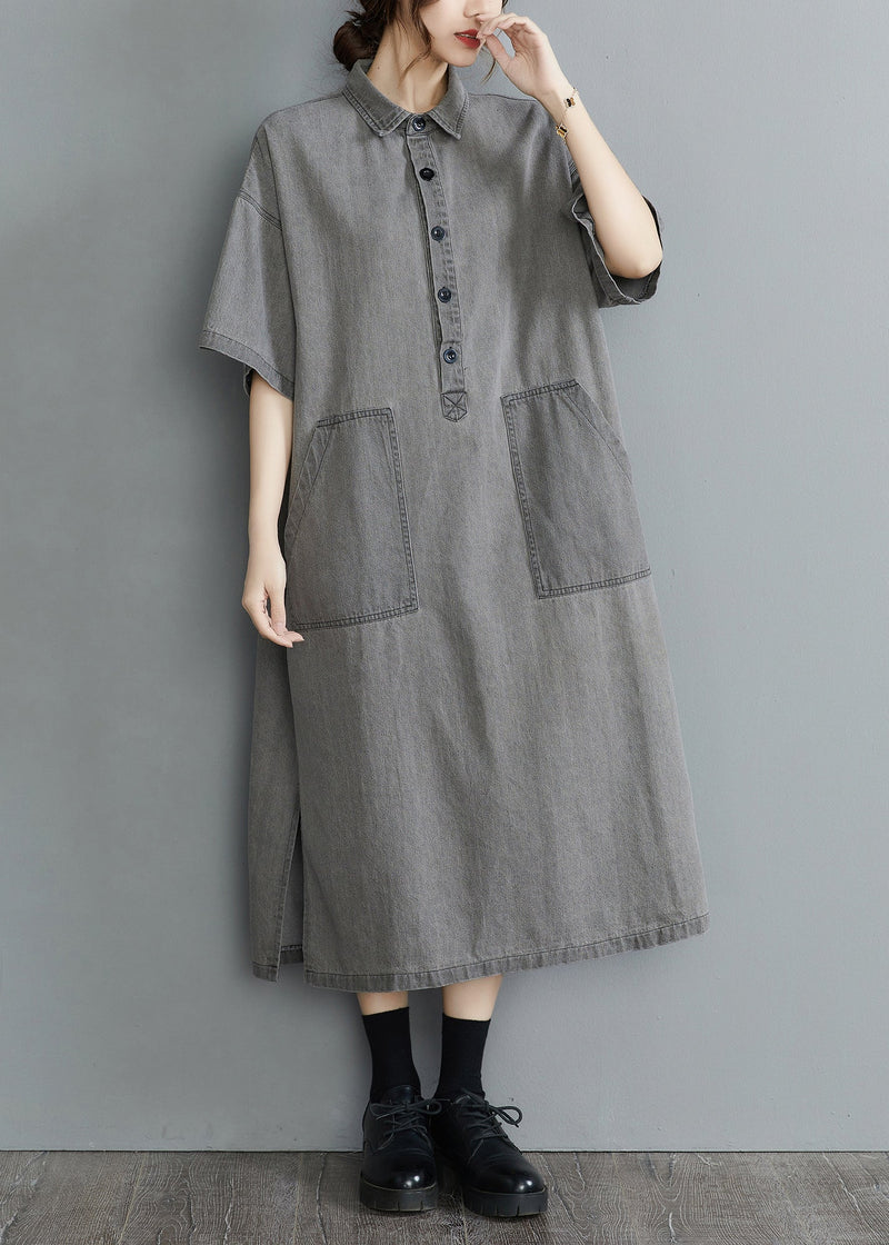 Loose Grey Peter Pan Collar Button Side Open Pockets Denim Dresses Short Sleeve