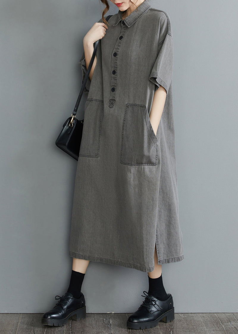 Loose Grey Peter Pan Collar Button Side Open Pockets Denim Dresses Short Sleeve