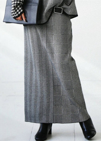 Loose Grey Plaid Knit Sweaters and Skirts Two Piece Set Outfits Fall
