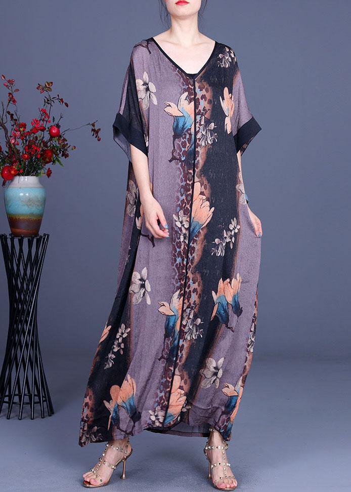 Loose Grey Print V Neck Short Sleeve Chiffon Vacation Dresses