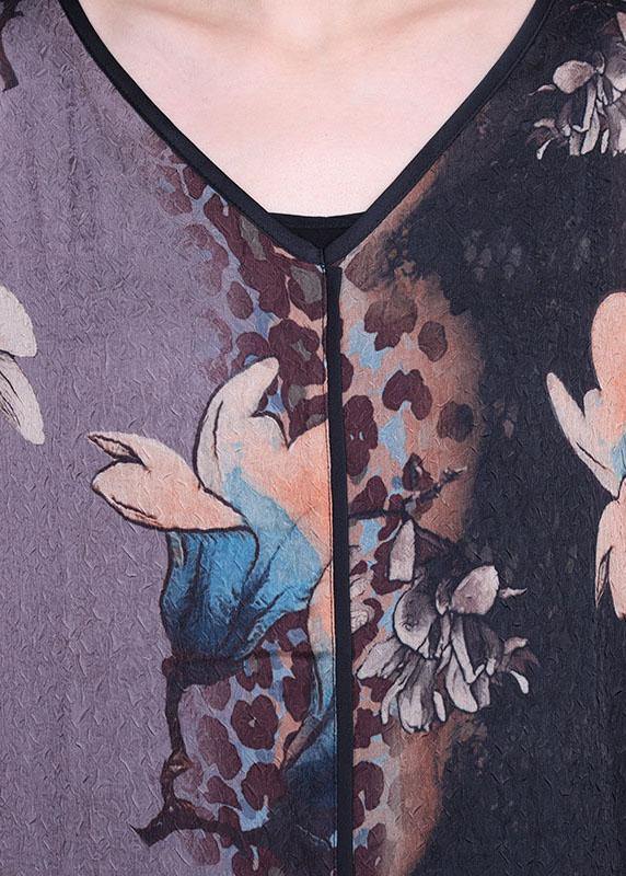 Loose Grey Print V Neck Short Sleeve Chiffon Vacation Dresses