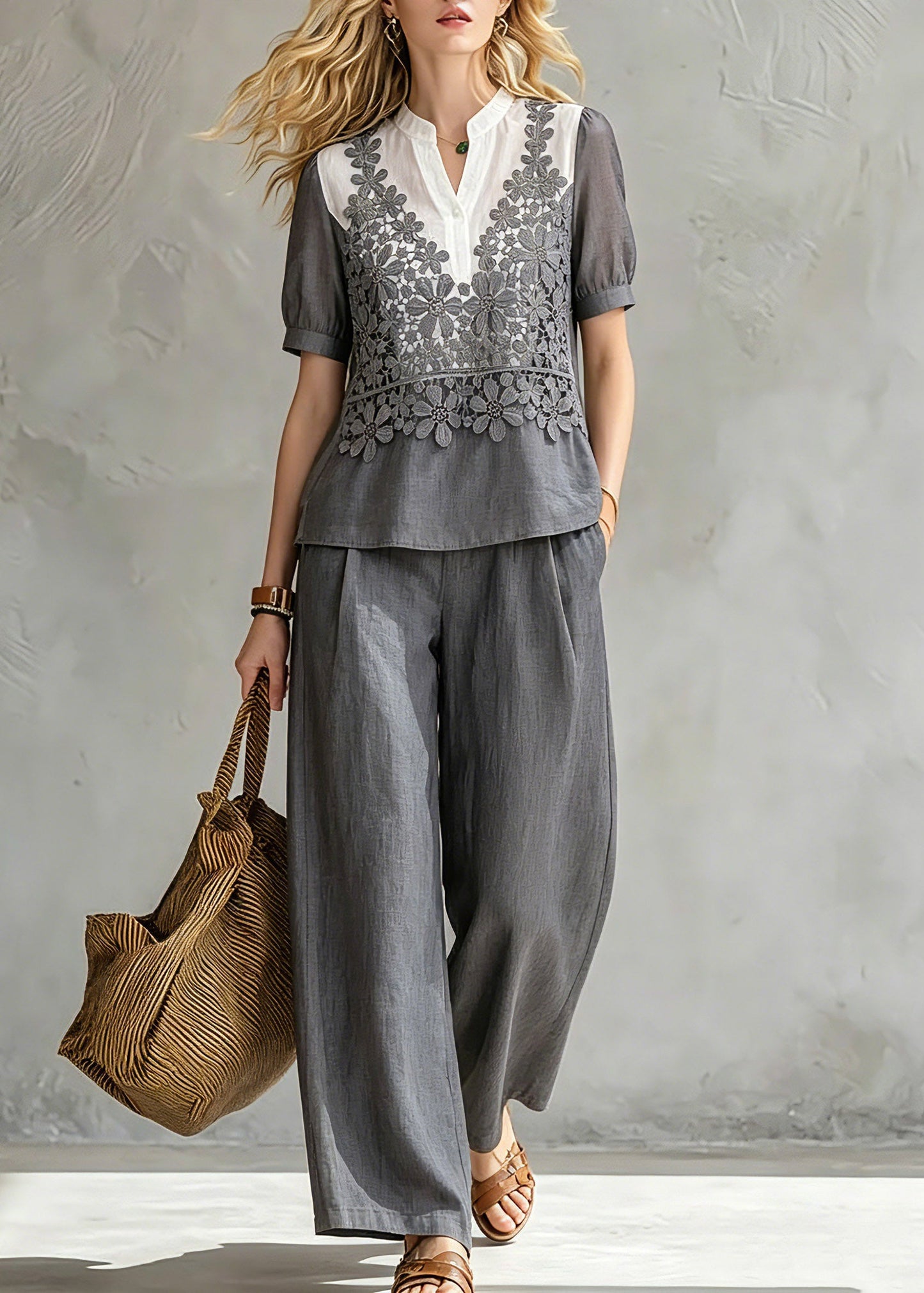 Loose Grey Stand Collar Shirt and Wide Leg Pants Two Pieces Set Summer