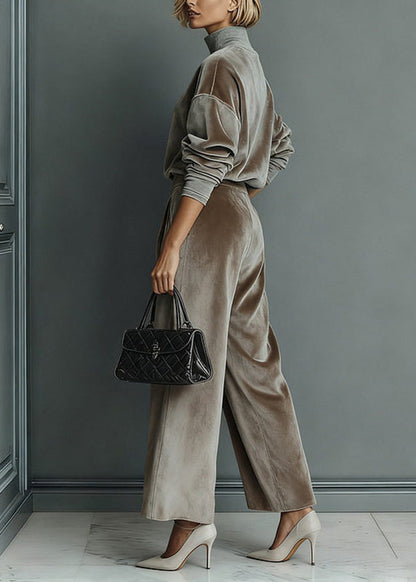 Loose Grey Turtleneck Patchwork Pullover and Wide Leg Pants Two Pieces Set Spring