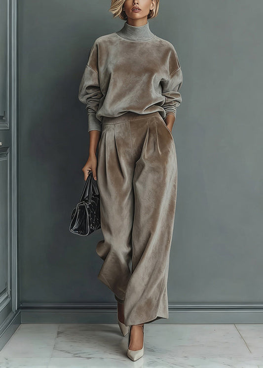 Loose Grey Turtleneck Pockets Tops and Pants Silk Velvet Two Pieces Set Spring