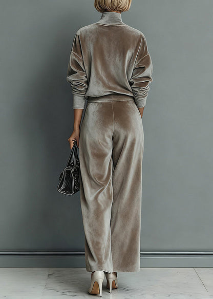 Loose Grey Turtleneck Pockets Tops and Pants Silk Velvet Two Pieces Set Spring