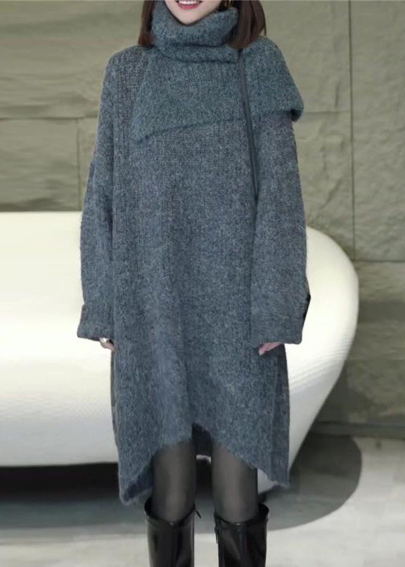 Loose Grey Turtleneck Cozy Knit Sweater Dress Winter