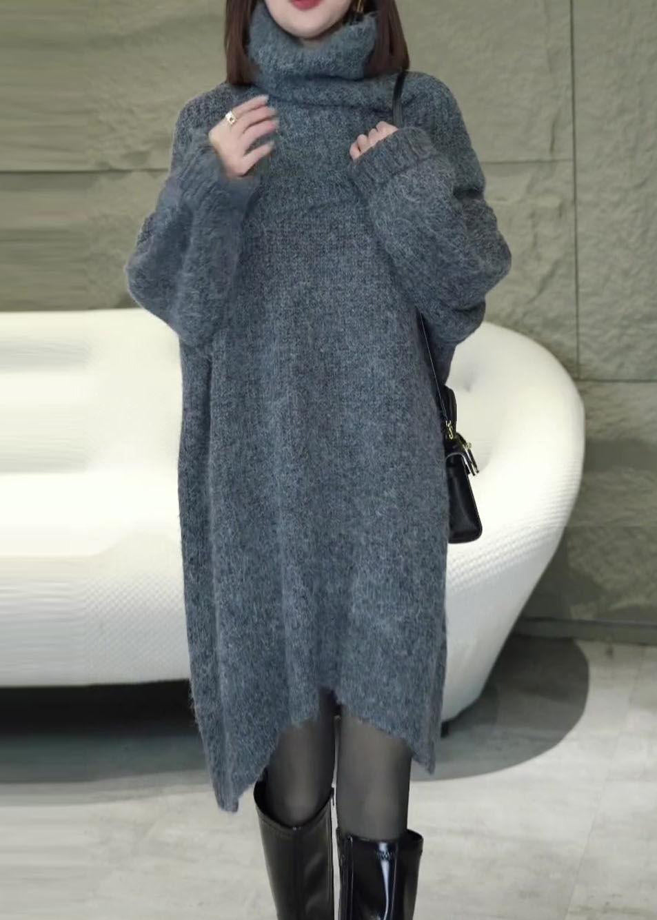 Loose Grey Turtleneck Cozy Knit Sweater Dress Winter