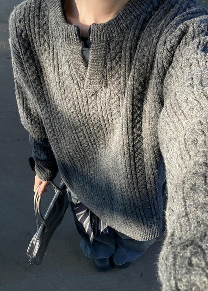 Loose Grey V Neck Cozy Cotton Cable Knit Sweater Winter