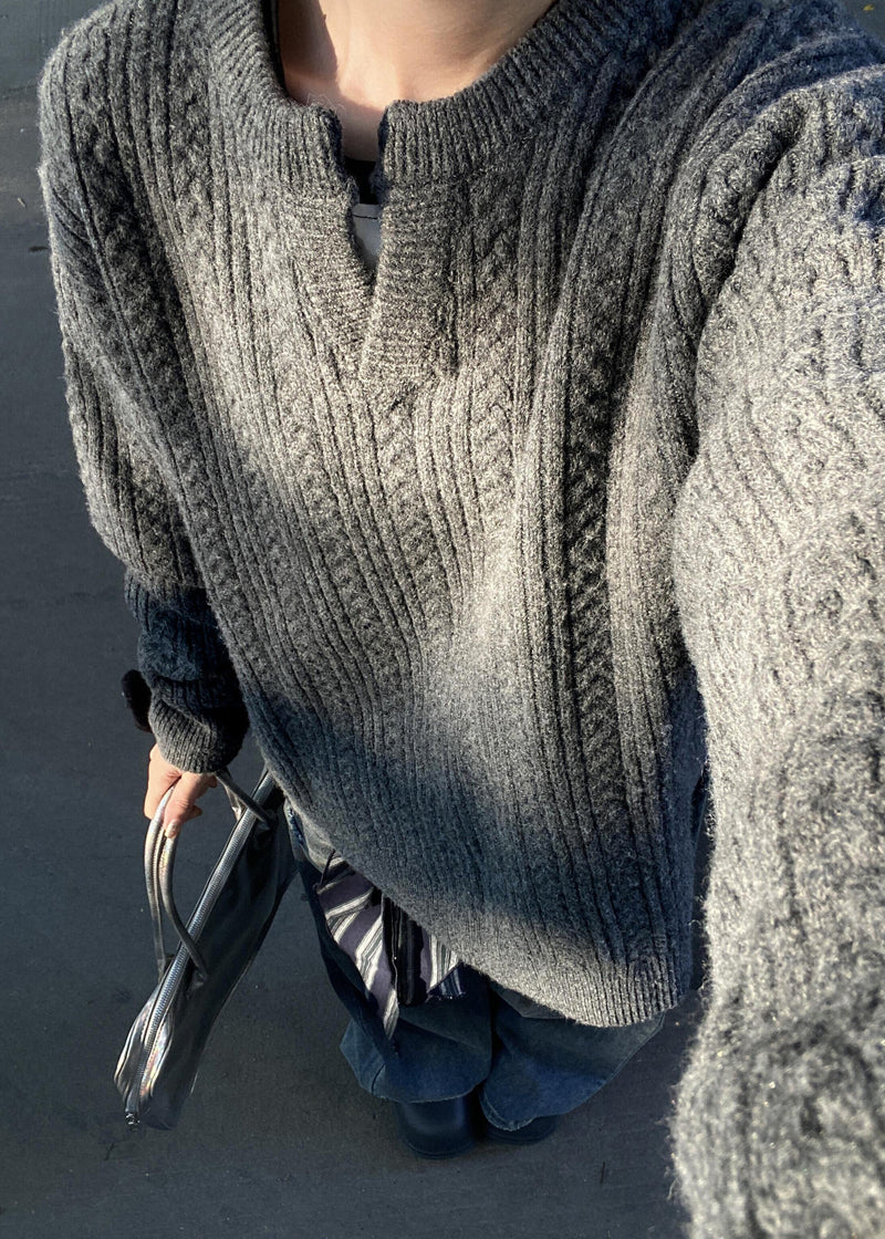 Loose Grey V Neck Cozy Cotton Cable Knit Sweater Winter