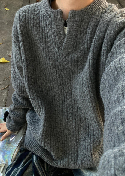 Loose Grey V Neck Cozy Cotton Cable Knit Sweater Winter