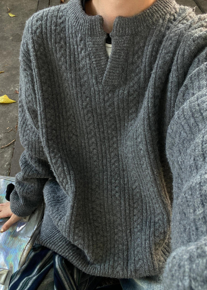 Loose Grey V Neck Cozy Cotton Cable Knit Sweater Winter