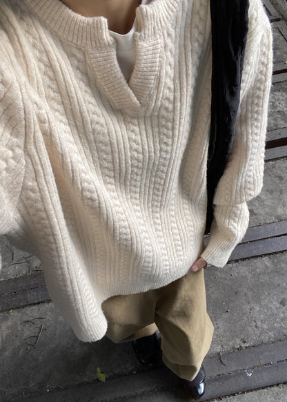 Loose Grey V Neck Cozy Cotton Cable Knit Sweater Winter