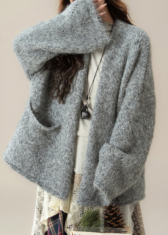 Loose Grey V Neck Pockets Knit Cardigans Spring