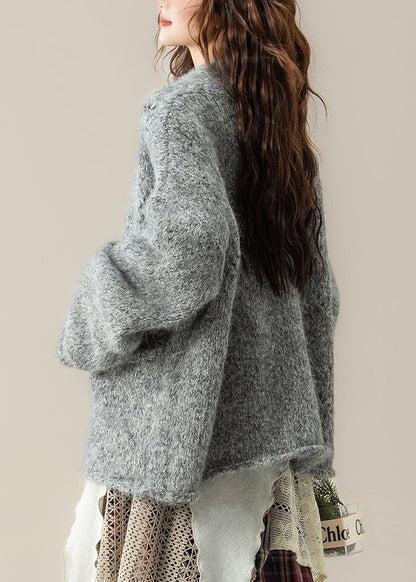 Loose Grey V Neck Pockets Knit Cardigans Spring