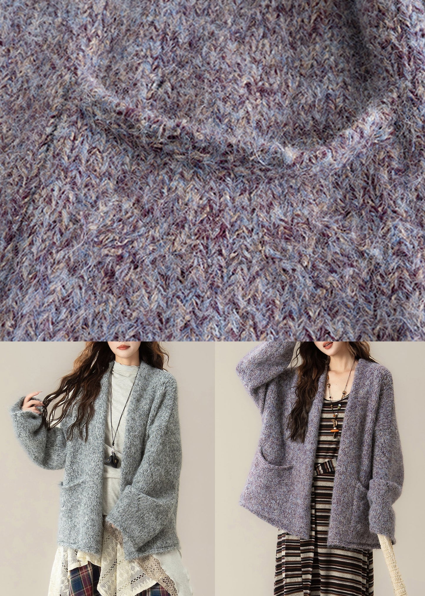 Loose Grey V Neck Pockets Knit Cardigans Spring