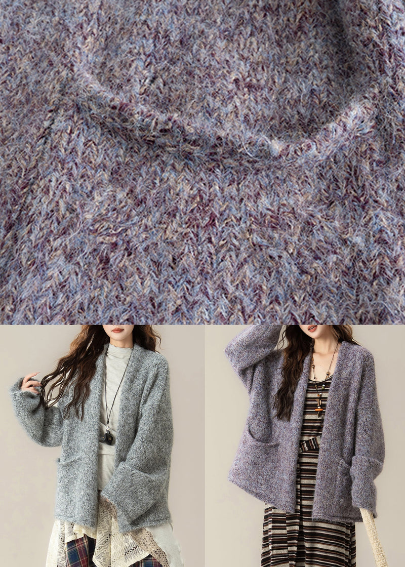 Loose Grey V Neck Pockets Knit Cardigans Spring