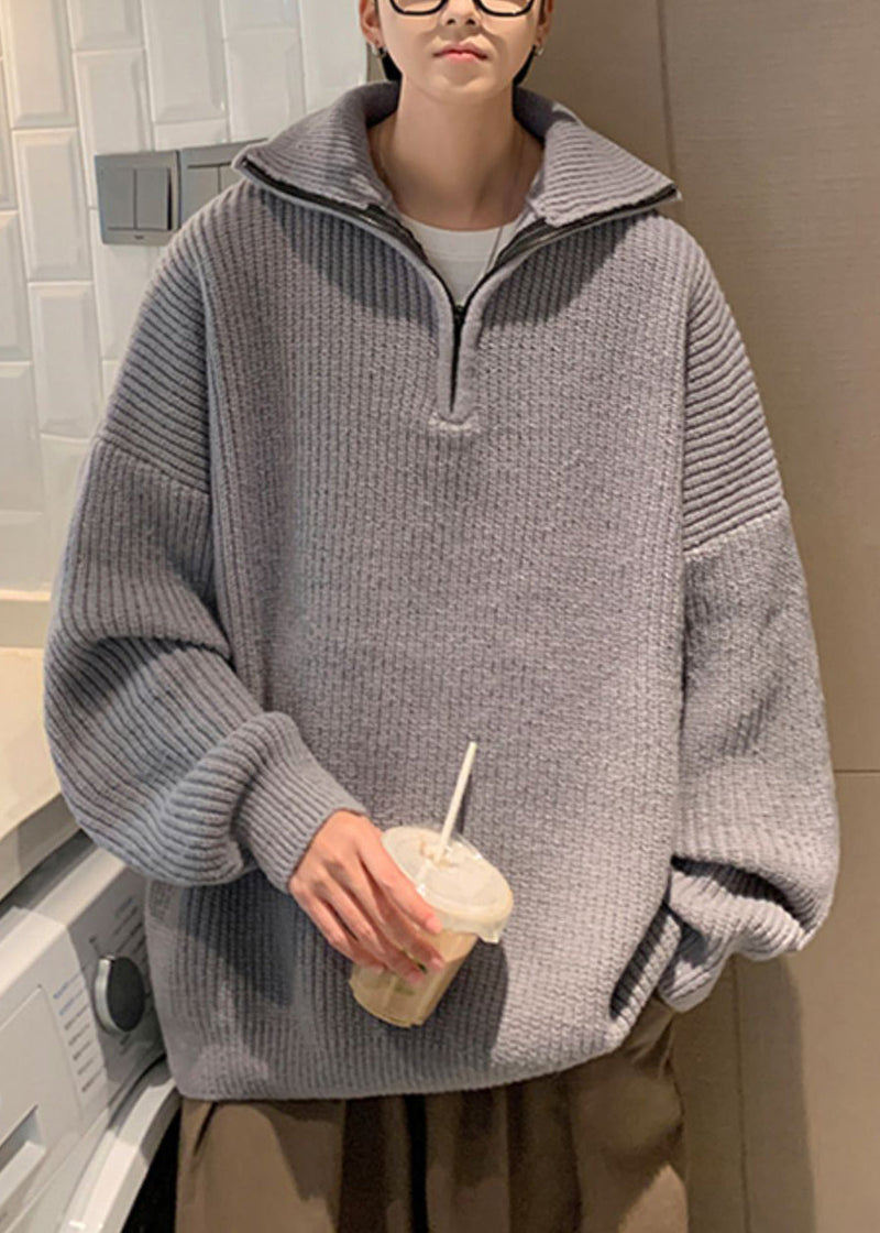 Loose Grey Zip Up Knit Sweater Turtleneck Winter