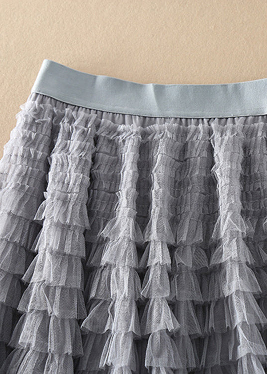 Loose Grey Elastic Waist Patchwork Tulle Skirt Spring