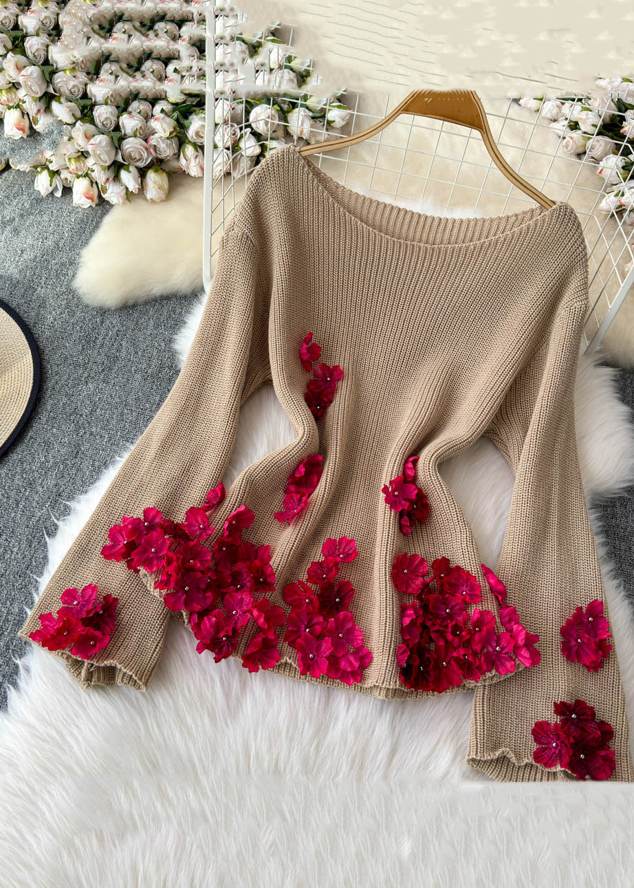 Loose Khaki Patchwork Knit Pullover Sweater Flare Sleeve