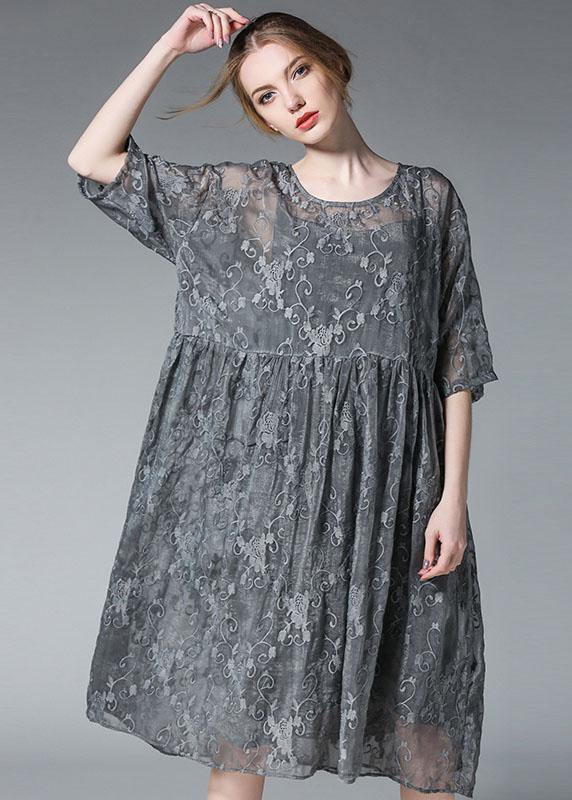 Loose Khaki O-neck Patchwork Summer Dress Half Sleeve