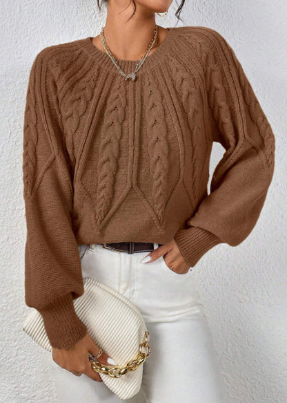Loose Khaki O-neck Cable Knit Sweater Spring