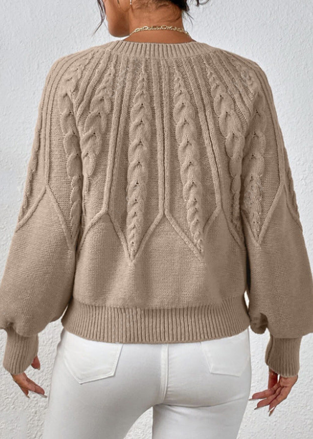 Loose Khaki O-neck Cable Knit Sweater Spring